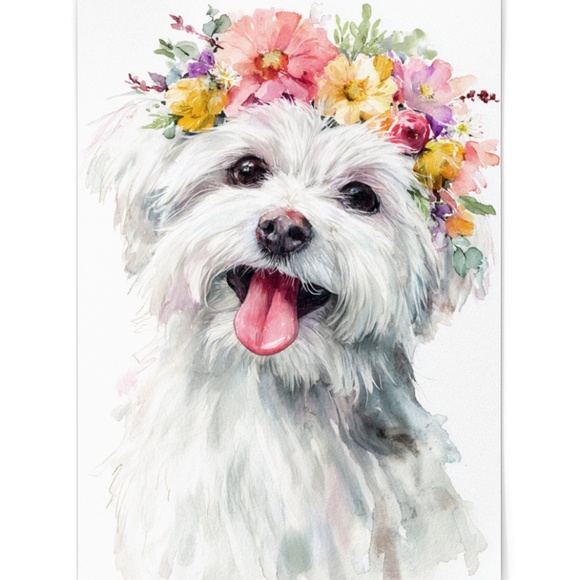 Watercolor White Maltese Dog Portrait Wall Art Print Poster, Unframed - Picture 2 of 6